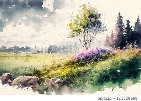 Watercolor spring landscape painting. Trees, flowers and meadow. Watercolor spring landscape painting. Trees, flowers and meadow. 121328969