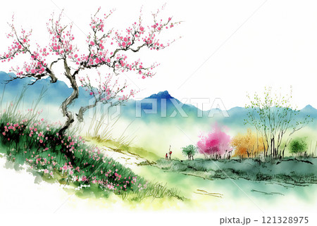 Watercolor spring landscape painting. Flowering trees, bloom, meadow and mountains. Asian landscape Watercolor spring landscape painting. Flowering trees, bloom, meadow and mountains. Asian landscape 121328975