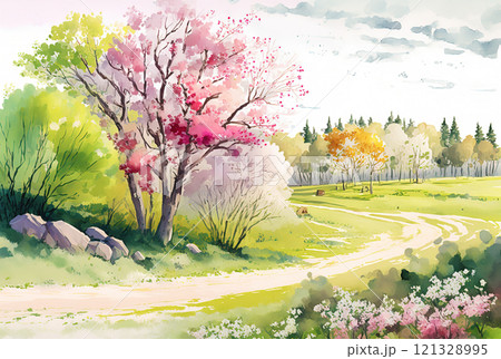 Watercolor spring landscape painting. Trees, flowers and meadow. Watercolor spring landscape painting. Trees, flowers and meadow. 121328995