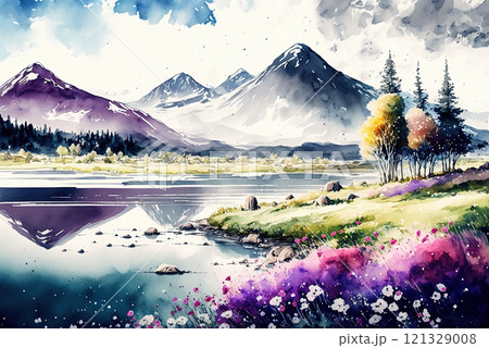 Watercolor spring landscape painting. Trees, bloom, meadow and mountains. 121329008