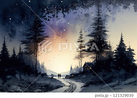 Watercolor winter landscape painting. Forest and mountains on a starry night Watercolor winter landscape painting. Forest and mountains on a starry night 121329030