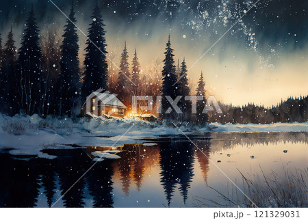 Watercolor winter landscape painting. Forest on a starry night 121329031