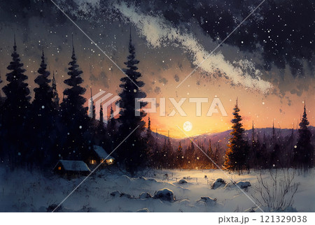 Watercolor winter landscape painting. Forest on a starry night Watercolor winter landscape painting. Forest on a starry night 121329038