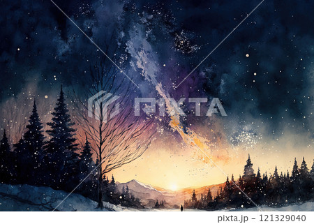 Watercolor winter landscape painting. Forest and mountains on a starry night Watercolor winter landscape painting. Forest and mountains on a starry night 121329040