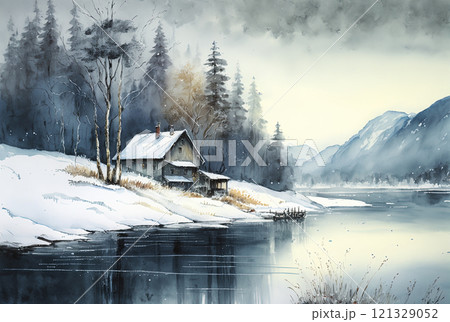 Watercolor winter landscape painting. Trees, lake and mountains Watercolor winter landscape painting. Trees, lake and mountains 121329052