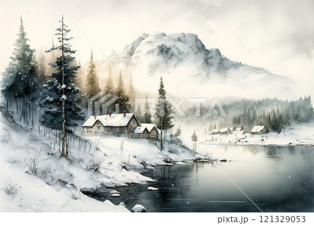 Watercolor winter landscape painting. Trees, lake and mountains Watercolor winter landscape painting. Trees, lake and mountains 121329053