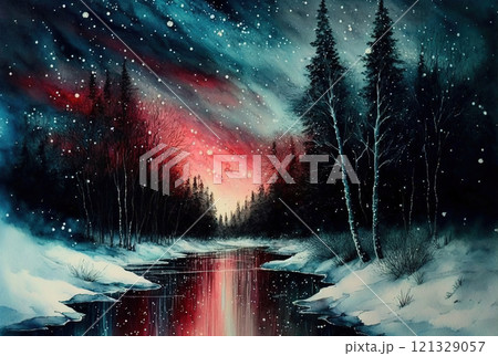 Watercolor winter landscape painting. Forest on a starry night Watercolor winter landscape painting. Forest on a starry night 121329057