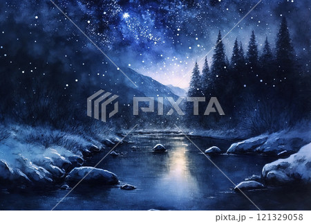 Watercolor winter landscape painting. Forest and mountains on a starry night 121329058