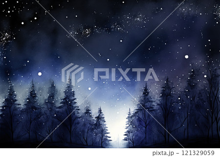 Watercolor winter landscape painting. Forest on a starry night Watercolor winter landscape painting. Forest on a starry night 121329059