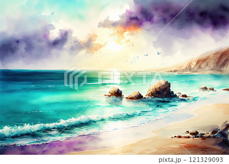 Watercolor sea landscape painting. Sunset, waves, rocks Watercolor sea landscape painting. Sunset, waves, rocks 121329093