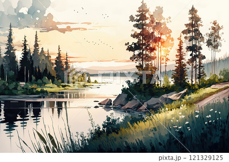 Watercolor summer landscape with trees, lake and flowers. Ai generated Watercolor summer landscape with trees, lake and flowers. Ai generated 121329125