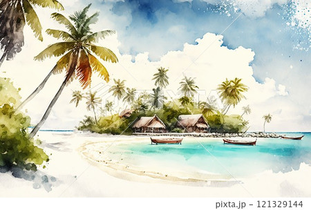 Watercolor tropical sea landscape painting. Thailand beach illustration. Ai generated 121329144