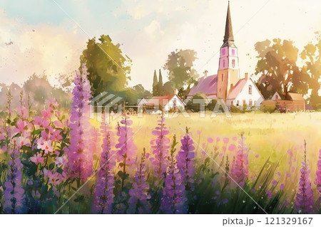 Watercolor summer landscape illustration, trees, meadow and flowers. Ai generated Watercolor summer landscape illustration, trees, meadow and flowers. Ai generated 121329167