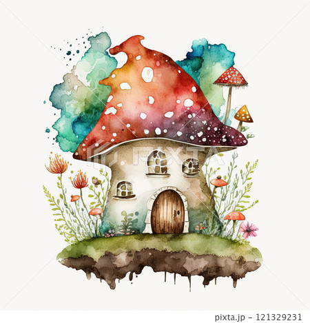 Watercolor cute whimiscal mushroom house illustration on white background. Ai generated 121329231
