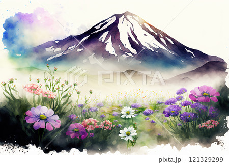 Watercolor spring landscape painting. Watercolor spring landscape painting. 121329299