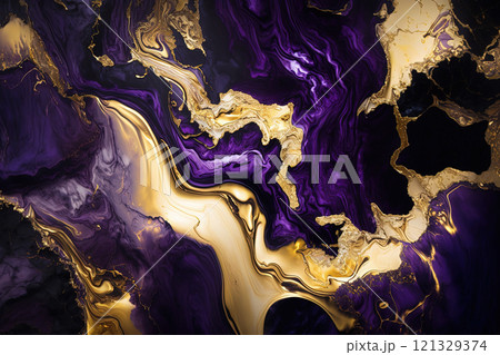 Dark purple and gold marble background. Luxury marble stone texture. Invitation backdrop. 121329374