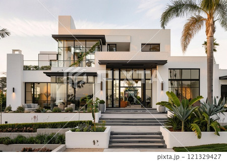 Modern symmetrical villa house with large windows and glass doors on sunny summer day.AI Generative. 121329427