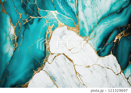 Turquoise, white and gold marble background. Luxury marble stone texture. Invitation backdrop. 121329697