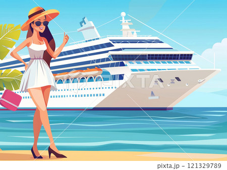 Illustration of young woman wearing sun hat and standing in front of cruise liner.AI Generative 121329789
