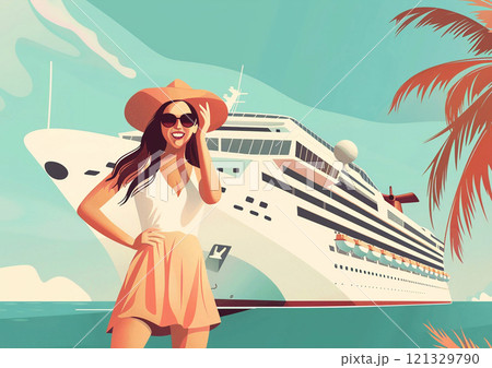 Illustration of young woman wearing sun hat and standing in front of cruise liner.AI Generative 121329790