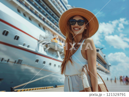 Happy young beautiful woman wearing sun hat and standing.AI Generative. 121329791