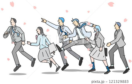 桜の花と走る学生男女ー横顔ー全身ー卒業ー入学ー人物シンプル線画ベクターイラスト素材 121329883