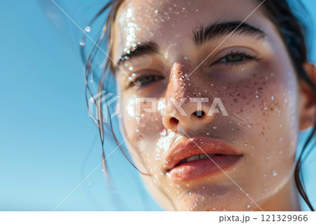Close up portrait of beautiful woman with ocean water all over her face on summer.AI Generative. 121329966