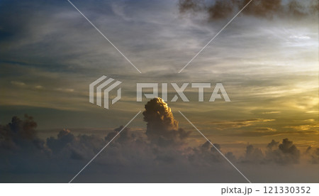 Evening sunset sky with colorful clouds. Panoramic skyscape 121330352