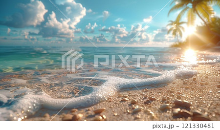 Tropical vacation concept with beach on tropical vacation island with palms.Macro.AI Generative. Tropical vacation concept with beach on tropical vacation island with palms.Macro.AI Generative. 121330481