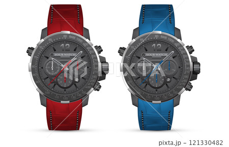 Realistic watch clock black face white number with red blue leather strap on isolated design classic luxury vector 121330482