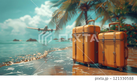 Two pieces of luggage standing on beach of sunny summer.Macro.AI Generative. Two pieces of luggage standing on beach of sunny summer.Macro.AI Generative. 121330588