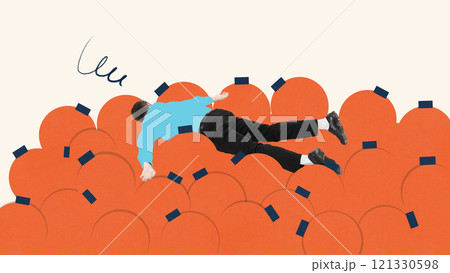 Contemporary art collage. Man lying on orange circles, depicting surrender to exhaustion and acceptance of emotional and professional stagnation. Contemporary art collage. Man lying on orange circles, depicting surrender to exhaustion and acceptance of emotional and professional stagnation. 121330598