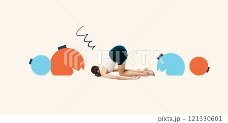 Contemporary art collage. Woman folded among broken spheres, showing retreat into self-reflection after failure to meet societal expectations. 121330601