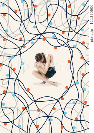 Contemporary art collage. Woman curled in garlands, symbolizing complexity of workplace expectations and struggles with inner emotional balance. 121330606