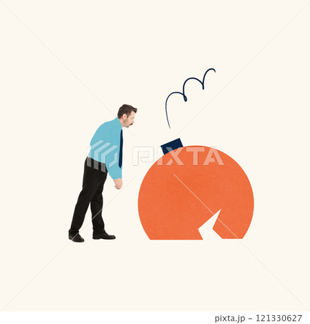 Contemporary art collage. Man leaning towards cracked orange sphere, showing exhaustion and curiosity while seeking clarity on Blue Monday's workplace challenges. Contemporary art collage. Man leaning towards cracked orange sphere, showing exhaustion and curiosity while seeking clarity on Blue Monday's workplace challenges. 121330627