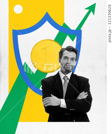 Contemporary art collage. Confident young businessman with coin protected by shield against background with chart arrow positing up. 121330628
