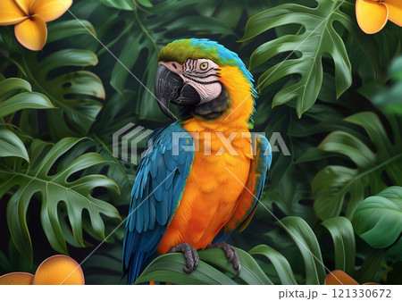 Blue and yellow macaw tropical parrot on green exotic forest background.Macro.AI Generative. 121330672