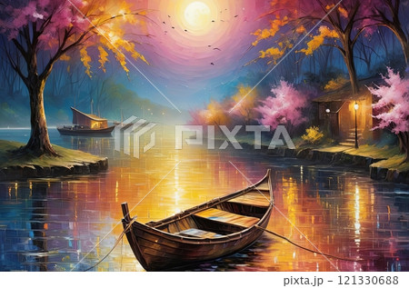 Dreamy River Scene: Colossal Crescent Moon, Luminous Trail, and Pink Blossoms Dreamy River Scene: Colossal Crescent Moon, Luminous Trail, and Pink Blossoms 121330688