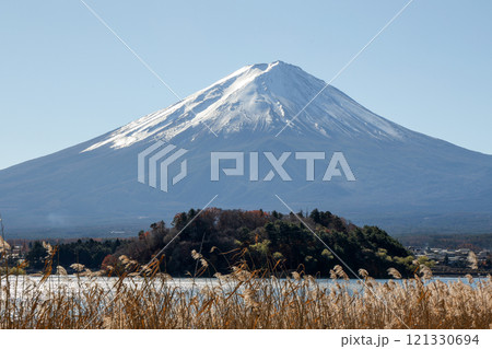 View of landscape fuji mountain in winter at Lake Kawaguchi View of landscape fuji mountain in winter at Lake Kawaguchi 121330694
