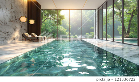 Indoor marble stone swimming pool in luxury in luxury modern house on tropical resort.AI Generative. 121330722