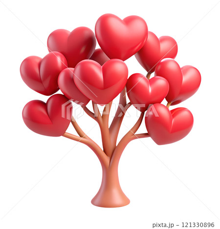 Tree with red heart-shaped leaves 3d illustration isolated on the transparent background 121330896