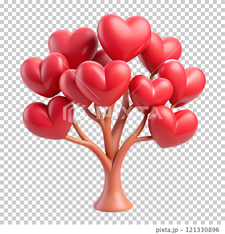 Tree with red heart-shaped leaves 3d illustration isolated on the transparent background 121330896