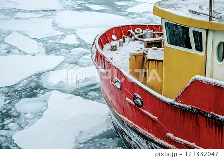 Red fishing boat sailing through frozen sea ice in winter Red fishing boat sailing through frozen sea ice in winter 121332047