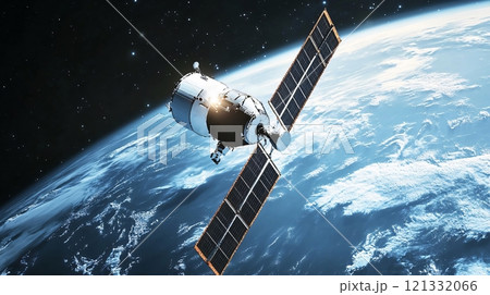 Spacecraft orbiting earth with solar panels deployed in space Spacecraft orbiting earth with solar panels deployed in space 121332066