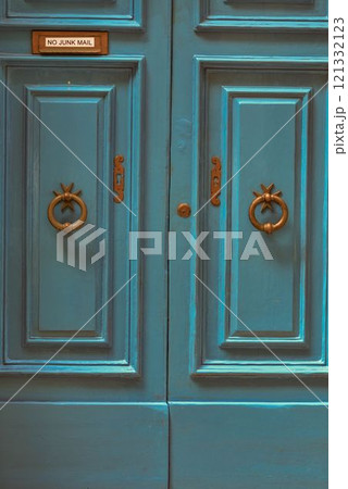 Elegant Blue Door with Antique Brass Knocker and No Junk Mail Sign Elegant Blue Door with Antique Brass Knocker and No Junk Mail Sign 121332123