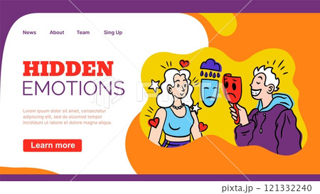 Mental health landing page. Hidden emotion. People communication with fake masks. Couple relationship. Insincerity and hypocrisy. Liar faces. Website design template. Vector psychological background Mental health landing page. Hidden emotion. People communication with fake masks. Couple relationship. Insincerity and hypocrisy. Liar faces. Website design template. Vector psychological background 121332240