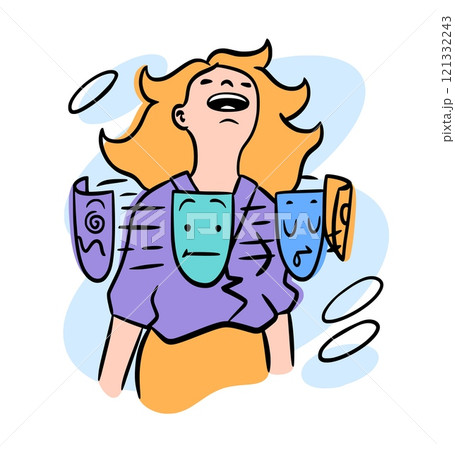 Mental health. Fake mask. Emotion expression disguise. Human psychology problem. Woman insincerity. Bipolar mind. Person pretends. Liar portrait. Hidden feelings. Vector hypocrisy or falsehood concept 121332243