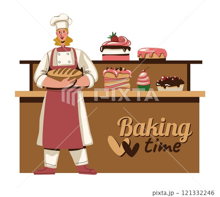 Baker woman hold bread in bakery shop. Different delicious cakes, cupcake and muffins. Professional chef in uniform standing. Sweet food. Homemade menu. Vector cartoon flat isolated illustration 121332246