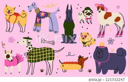 Dog cute. Pet animal funny in clothes. Icon character, happy day doodle cartoon pets about love. Little puppy sketch. Drawn Labrador and poodle. Vector cartoon flat isolated childish illustration 121332247