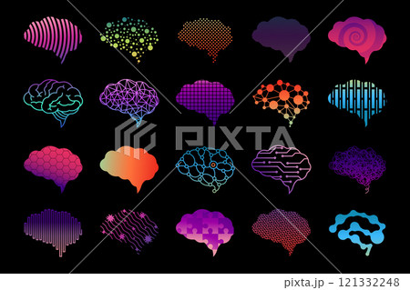 Brain logo. Abstract AI icons. Psychology symbols. Human neurology. Logic and mind. Education sign. Line tech intelligence. Genius cerebrum data. Digital memory neuron. Vector gradient pictograms set 121332248